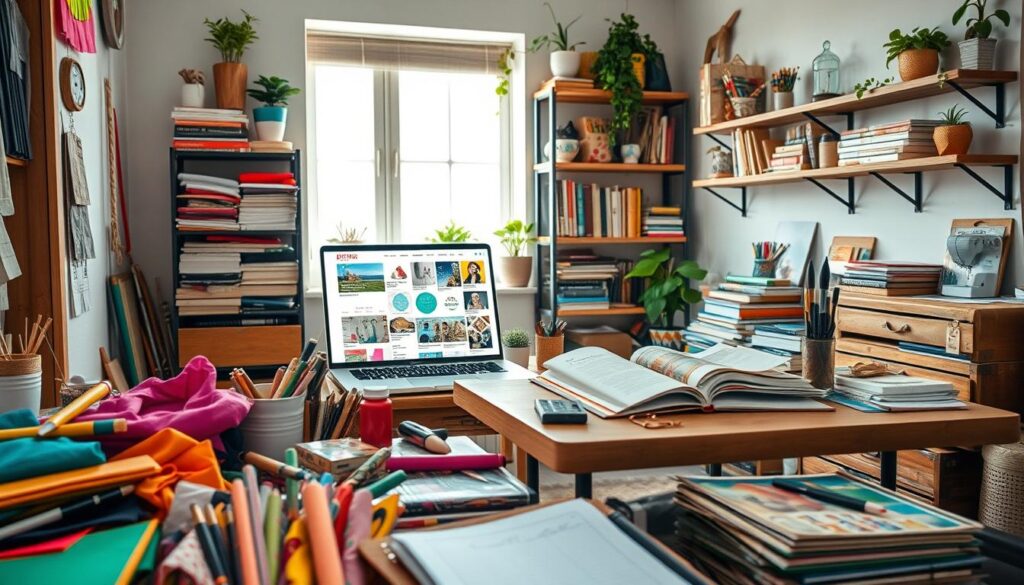 A cozy, well-lit workspace filled with crafting supplies and DIY inspiration. In the foreground, an assortment of vibrant fabrics, colorful paints, and an array of sewing notions. In the middle ground, a laptop displays various DIY blogs and online tutorials, while a wooden table hosts an open sketchbook and design magazines. The background features shelves brimming with craft books, plants, and personal mementos, creating a warm, inviting atmosphere. Soft, diffused lighting from a nearby window casts a natural glow, highlighting the textures and colors of the scene. The overall mood is one of creativity, exploration, and the joy of handmade projects.