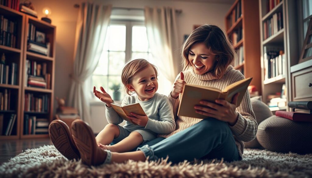 A cozy, whimsical scene of a mother and child reading humorous poems together. In the foreground, the pair sit comfortably on a plush rug, the child leaning in eagerly as the mother holds an open book and gestures expressively. Soft, natural lighting filters through a window in the background, casting a warm glow. Bookshelves line the walls, hinting at a cozy home library setting. The mood is one of intimate connection and joyful laughter, reflecting the lighthearted spirit of the "Humorvolle Gedichte" theme.