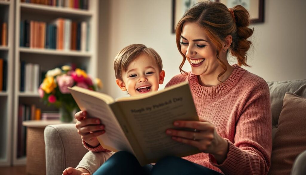 A cozy, whimsical scene of a mother and child sitting together, reading aloud from a book of humorous poetry. The mother's face is alight with joy and laughter, while the child listens intently, eyes sparkling with delight. In the background, a softly lit room with bookshelves and a vase of fresh flowers, creating a warm, inviting atmosphere. The lighting is soft and diffused, with a gentle glow that highlights the tender moment between the two. The composition is balanced and harmonious, drawing the viewer's attention to the heartwarming interaction. The overall mood is one of lighthearted celebration, perfectly capturing the spirit of a joyful Mother's Day poem.