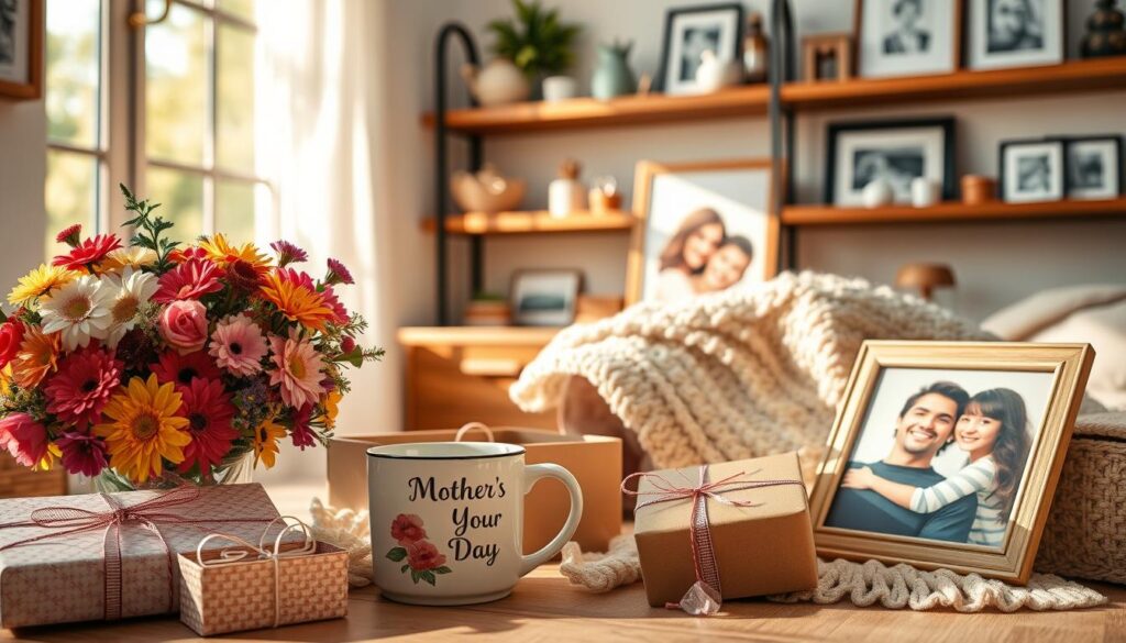 A cozy, whimsical scene of cheerful Mother's Day gift ideas. In the foreground, an assortment of thoughtful presents - a bouquet of colorful flowers, a heartwarming mug with a loving message, a beautifully wrapped box containing a surprise. In the middle ground, a soft, fuzzy knitted blanket and a framed photograph capturing a cherished family moment. The background features a warm, sunlit room with wooden shelves displaying sentimental trinkets and framed artwork. An overall atmosphere of joy, appreciation, and heartfelt celebration.