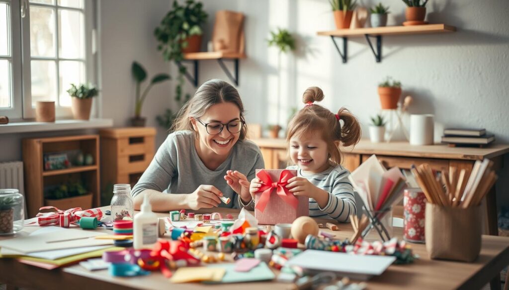 A cozy workspace filled with an array of DIY craft supplies - colorful paper, ribbons, scissors, glue, and an assortment of small trinkets. In the foreground, a mother and child collaborate, their faces beaming with joy as they create a heartfelt, handmade gift. Soft, natural lighting filters through a nearby window, casting a warm glow over the intimate scene. The background features a simple, rustic wooden table and shelves adorned with potted plants, adding a touch of organic charm. The overall atmosphere exudes a sense of familial love, creativity, and the meaningful connection between a mother and child on Mother's Day.