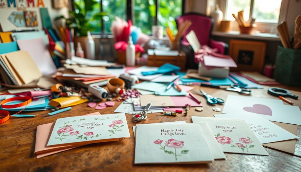 A cozy workspace filled with an array of crafting supplies, from vibrant colored papers and scissors to glue sticks, ribbons, and decorative embellishments. Soft lighting casts a warm glow, accentuating the textures and hues of the materials. In the foreground, a variety of handmade cards, featuring delicate floral patterns and heartfelt messages, sit atop a wooden table. The middle ground showcases an assortment of tools and raw materials, inviting the viewer to imagine the creative process. In the background, a natural setting with lush greenery and a hint of a window provides a serene backdrop, evoking a sense of tranquility and inspiration. The overall atmosphere is one of warmth, creativity, and thoughtfulness, perfectly capturing the essence of unique Mother's Day craft ideas.