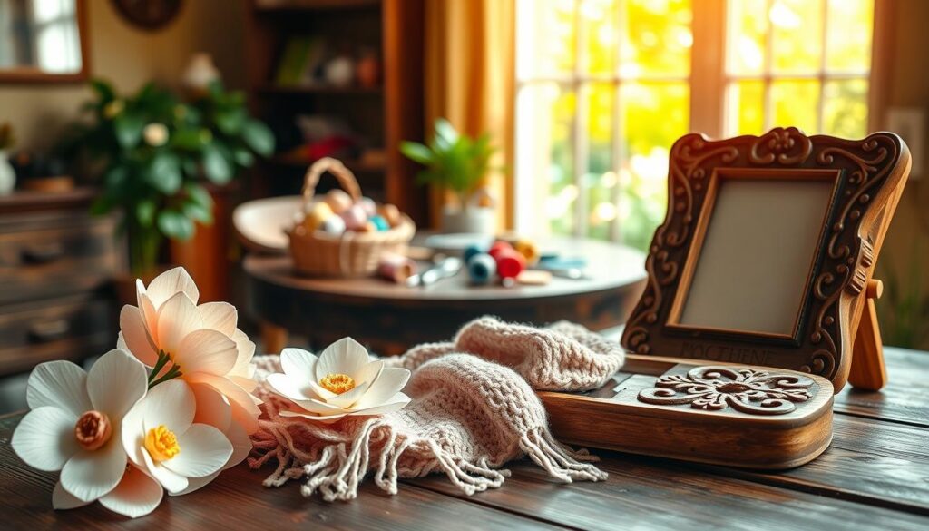 A cozy yet vibrant scene of handmade gifts for Mother's Day. In the foreground, a collection of thoughtfully crafted items - a delicate paper flower bouquet, a knitted scarf in soft pastel hues, and a wooden photo frame adorned with intricate carvings. The middle ground features a rustic wooden table, its surface adorned with spools of colorful thread, scissors, and other crafting supplies, hinting at the process of creating these personal treasures. The background showcases a warm, sun-dappled room, with a large window overlooking a lush garden, casting a gentle glow over the scene. The overall mood is one of heartfelt appreciation, creativity, and the love that goes into making something by hand.
