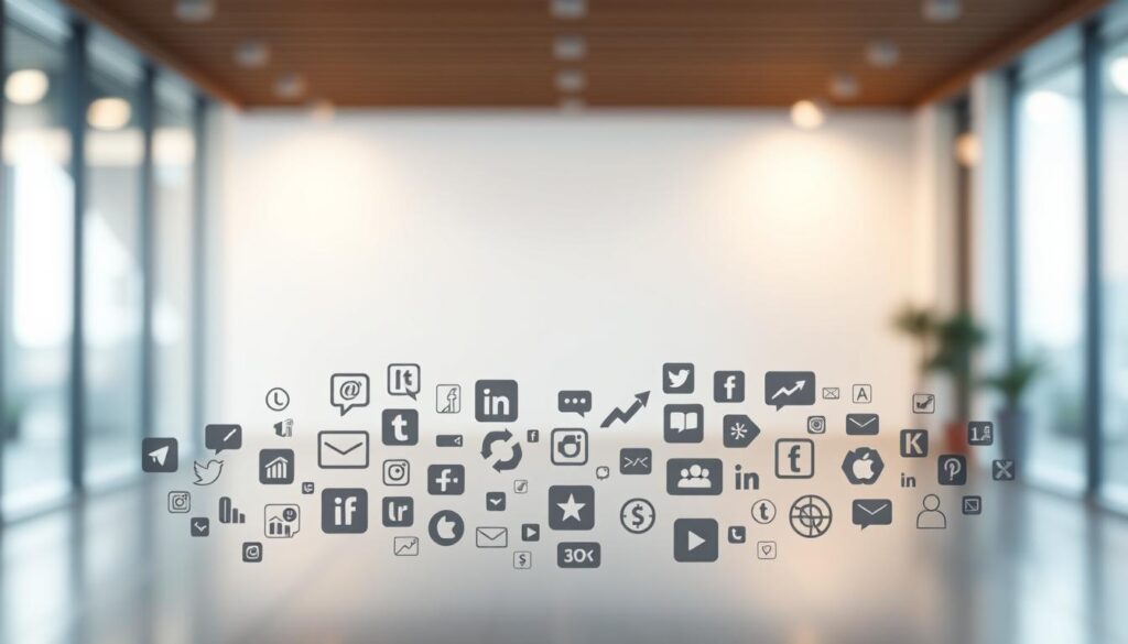 A crisp, modern digital design with a minimalist aesthetic. In the foreground, a collage of various social media and digital platforms icons, icons, and symbols, arranged in a visually striking and asymmetric composition. The middle ground features a sleek, clean background with a subtle gradient or texture, lending depth and sophistication. In the background, a soft, blurred bokeh effect creates a sense of depth and focus on the central design elements. The overall mood is one of simplicity, elegance, and the seamless integration of digital media into everyday life. Lighting is natural and diffused, with a hint of directional highlights to accentuate the shapes and textures. The camera angle is slightly elevated, providing an engaging and dynamic perspective.