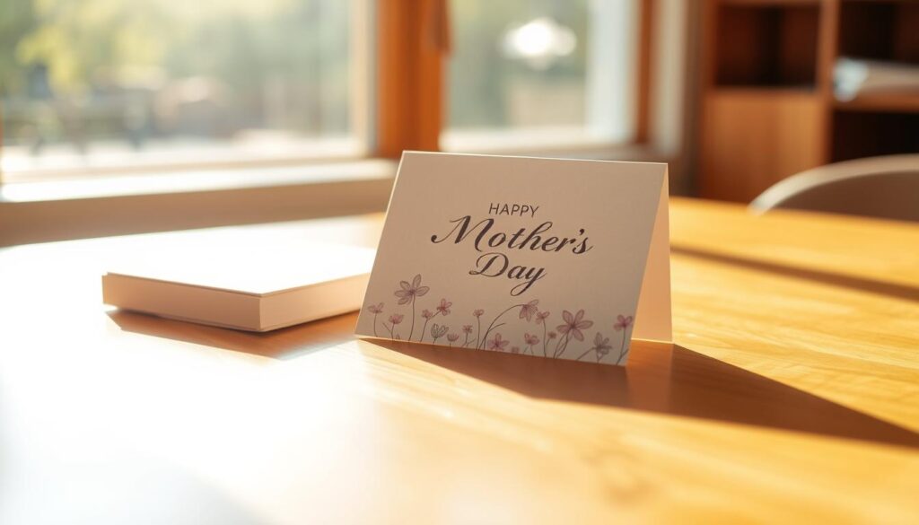 A delicate Mother's Day card sits on a polished wooden table, bathed in warm, diffused natural light. The card's cover features a hand-drawn floral pattern, delicately rendered in soft pastel hues that evoke a sense of tranquility. The inside of the card remains hidden, leaving the viewer to imagine the heartfelt message it contains. The table is positioned in front of a large window, allowing the soft glow of the afternoon sun to filter in and create a serene, contemplative atmosphere. The overall scene conveys a sense of appreciation, gratitude, and the thoughtful effort behind selecting the perfect Mother's Day card.