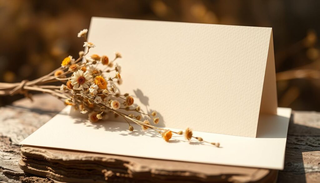 A delicate arrangement of dried flowers carefully curated on a minimalist, off-white card. The foreground showcases an elegant bouquet of everlastings, gypsophila, and other natural textures, meticulously placed to create a rustic, handcrafted aesthetic. The middle ground features a clean, subtly textured card surface, with a slight vintage tone that complements the organic materials. The background is a softly lit, natural setting, evoking a sense of simplicity and tranquility. Warm, diffused lighting casts gentle shadows, highlighting the intricate details and warm tones of the dried botanicals. The overall composition conveys a sense of timeless beauty, perfect for a thoughtful Mother's Day card or a handmade craft project.