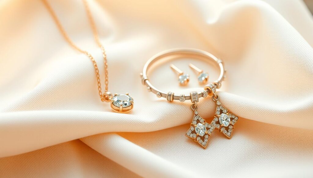 A delicate arrangement of exquisite jewelry pieces, including a pendant necklace, bracelet, and earrings, resting upon a soft, cream-colored fabric background. Warm, diffused lighting illuminates the shimmering, high-quality materials, such as gold, silver, and sparkling gemstones, creating a serene and elegant atmosphere. The composition is balanced, with the jewelry items occupying the central focus, while the periphery is gently blurred, emphasizing the central subject. The overall mood is one of thoughtfulness, refinement, and the appreciation of fine craftsmanship - a perfect representation of a meaningful Mother's Day gift.