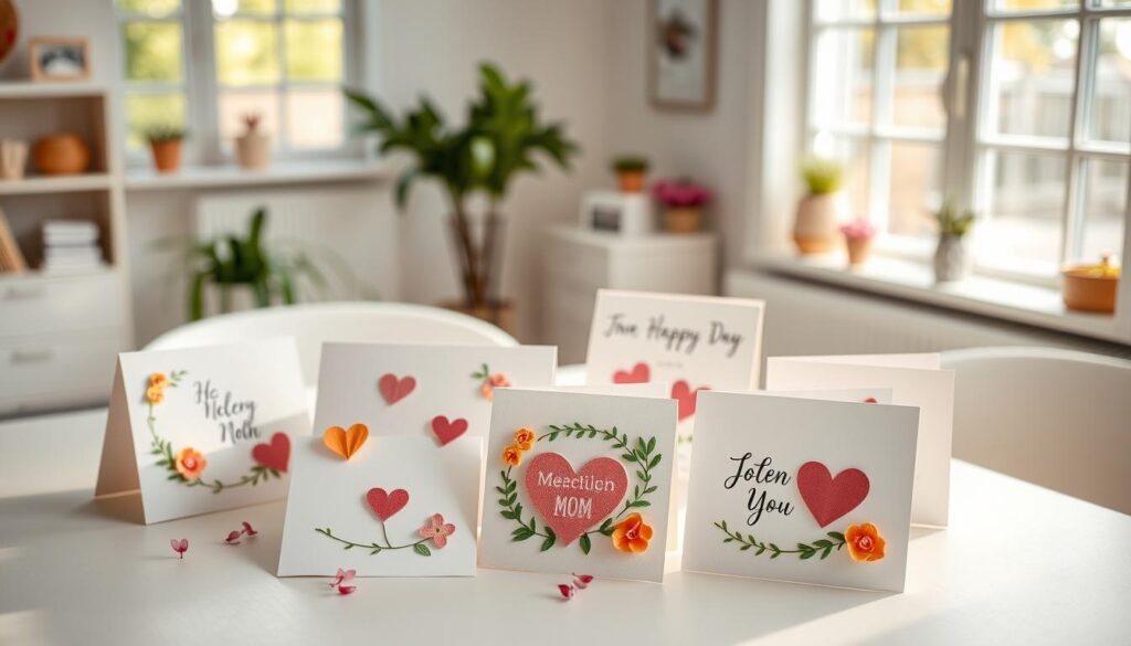 A delicate arrangement of handcrafted "kreative Karten" (creative cards) in a bright, airy studio setting. The cards feature intricate designs, vibrant colors, and heartfelt messages, perfectly capturing the sentiment of "Muttertagskarten kreativ gestalten" (Creatively designing Mother's Day cards). The cards are displayed on a clean, minimalist table, with natural light streaming in from large windows, creating a warm, inviting atmosphere. The composition emphasizes the thoughtfulness and artistry of the cards, encouraging the viewer to imagine the joy of creating and receiving such a meaningful gift for a beloved mother.
