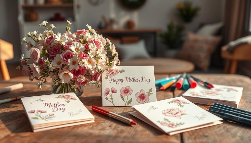 A delicate bouquet of freshly picked flowers, meticulously arranged on a rustic wooden table, softly illuminated by warm, natural lighting. In the foreground, a stack of handcrafted Mother's Day cards in various pastel hues, adorned with intricate floral patterns, heartfelt messages, and delicate embellishments. The middle ground features an array of art supplies, including markers, colored pencils, and calligraphy pens, hinting at the creative process behind these personalized expressions of love. In the background, a cozy, minimalist interior setting with hints of Scandinavian-inspired design elements, creating a serene and inviting atmosphere. The overall scene evokes a sense of heartfelt appreciation, thoughtfulness, and the joy of celebrating the special bond between a mother and child.