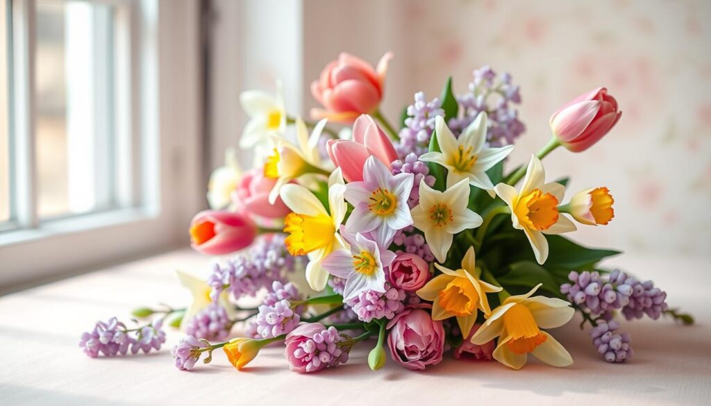 A delicate bouquet of spring flowers, including vibrant tulips, daffodils, and lilacs, arranged in a vintage-inspired greeting card. The card is positioned on a soft, pastel-colored background, creating a warm and inviting atmosphere. The lighting is gentle, with natural sunlight filtering through a window, casting a serene glow on the scene. The overall composition evokes a sense of heartfelt gratitude and appreciation, perfectly suiting the "Besondere Muttertagssprüche zum Einfügen in Karten" section of the article.
