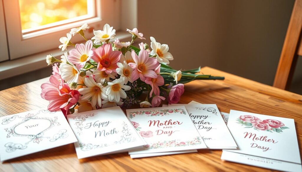 A delicate bouquet of vibrant flowers in soft pastel hues, artfully arranged on a wooden table. Sunlight filters through a window, casting a warm, natural glow. Beside the flowers, a collection of beautifully designed Mother's Day cards, each showcasing intricate patterns, textures, and hand-drawn illustrations. The cards are presented with care, inviting the viewer to imagine the thoughtful messages they might hold. The overall scene radiates a sense of creativity, celebration, and the cherished bond between a mother and child.
