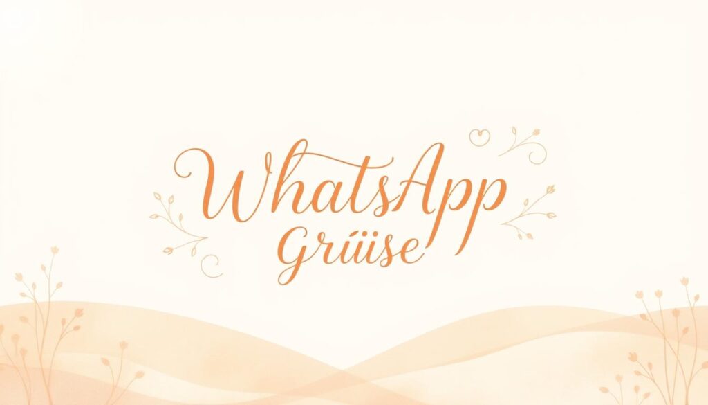 A delicate calligraphic script adorns a serene, pastel-hued background, conveying a heartfelt "WhatsApp Grüße" message. The elegant lettering, rendered in soft, muted tones, floats gracefully against a mellow, watercolor-inspired landscape. Subtle floral motifs and gentle swirls frame the central text, creating an inviting, warm atmosphere evocative of a loving, maternal embrace. Subtle lighting from the left side casts a gentle, diffused glow, highlighting the delicate texture and nuanced shades of the composition. The overall aesthetic is refined, sentimental, and perfectly suited to celebrate the special bond between a mother and child.