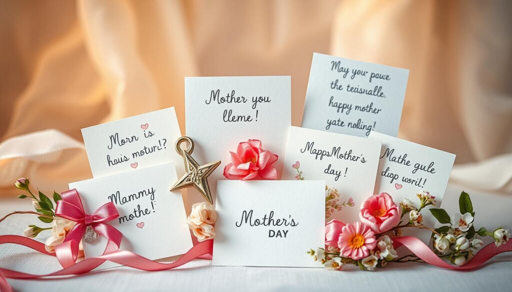 A delicate collage of greeting cards, ribbons, and floral elements artfully arranged against a soft, blurred background. The cards showcase a variety of handwritten Mother's Day messages in different languages, conveying heartfelt sentiments. Warm, diffused lighting from above creates a cozy, intimate atmosphere, highlighting the thoughtful curation of the scene. The composition is balanced and visually striking, inviting the viewer to imagine the creative ways these cards could be used to celebrate the special occasion.