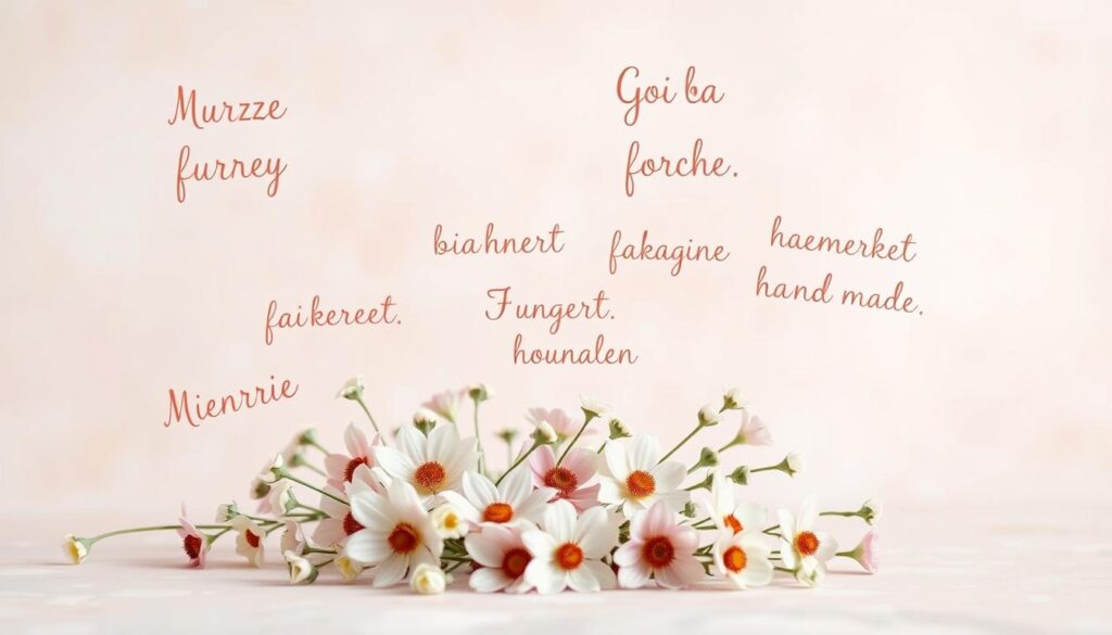A delicate floral arrangement against a soft, pastel-colored background, with a selection of handwritten, calligraphic-style "kurze Sprüche" - short, heartfelt messages floating gently above the flowers. The phrases are in a muted, earthy color palette, conveying a sense of warmth, tenderness, and maternal love. The lighting is natural and diffused, creating a serene, intimate atmosphere. The camera angle is slightly elevated, allowing the viewer to gaze down upon the scene with a sense of affection and appreciation. The overall composition is balanced and harmonious, evoking the thoughtful, sincere sentiment of the "Kurze und liebevolle Sprüche für Mama".