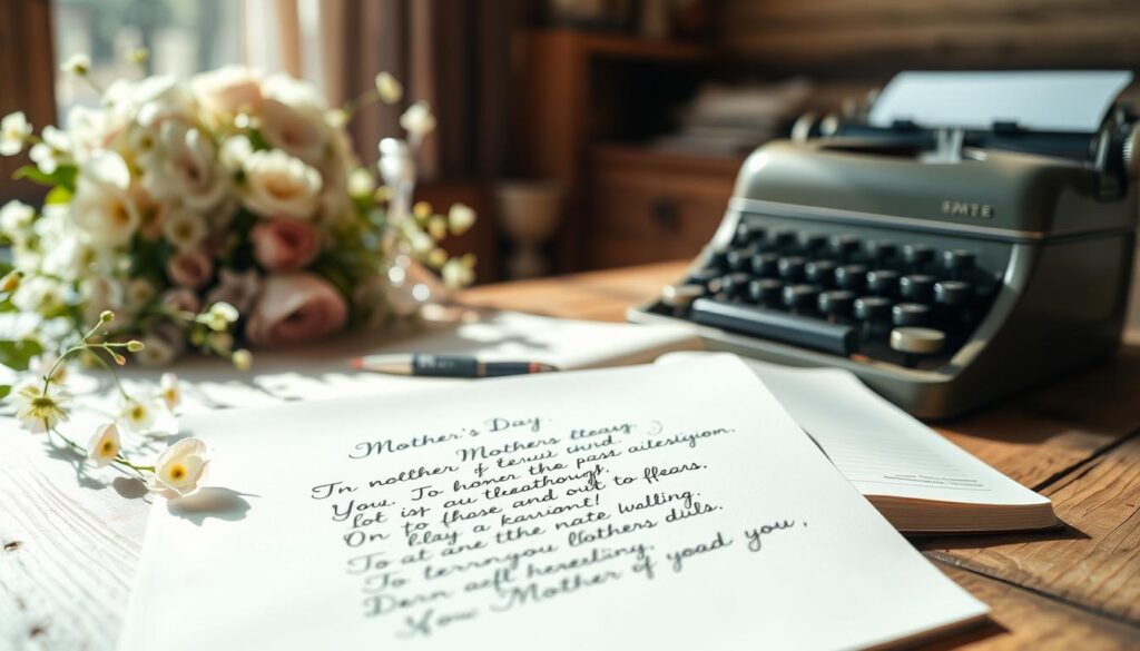 A delicate floral arrangement in soft, pastel hues cascades across a serene, sun-dappled wooden table. In the foreground, a handwritten mother's day poem unfurls, its elegant calligraphy conveying heartfelt sentiments. The mid-ground features a vintage typewriter and an open notebook, hinting at the thoughtful, literary nature of the scene. The background showcases a cozy, rustic interior, with warm lighting and gentle shadows, creating an atmosphere of introspection and appreciation. The overall composition evokes the profound meaning and emotional resonance of mother's day sentiments expressed through the written word.