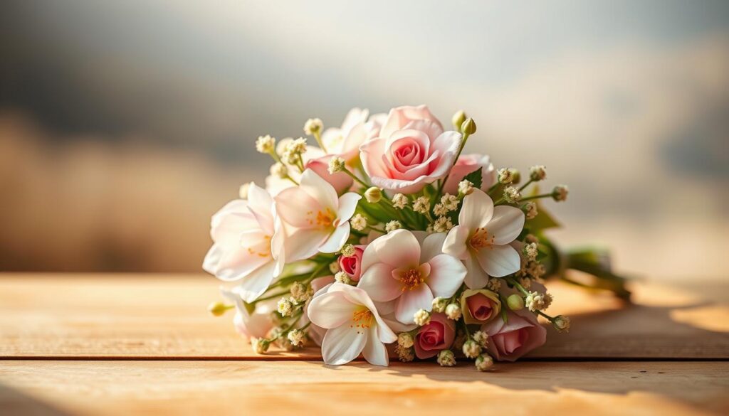 A delicate floral bouquet in soft pastel hues, arranged with care and elegance, sits atop a wooden surface. The lighting is warm and natural, casting a gentle glow over the scene. The flowers, meticulously rendered, seem to exude a sense of tranquility and thoughtfulness. In the background, a blurred, muted landscape suggests a serene, cozy atmosphere, perfectly capturing the essence of "Herzliche Wünsche für den Namenstag." The overall composition evokes a sense of heartfelt sentiment and love, reflecting the article's theme of "Herzerwärmend: Kleine Worte, große Liebe für Mama."
