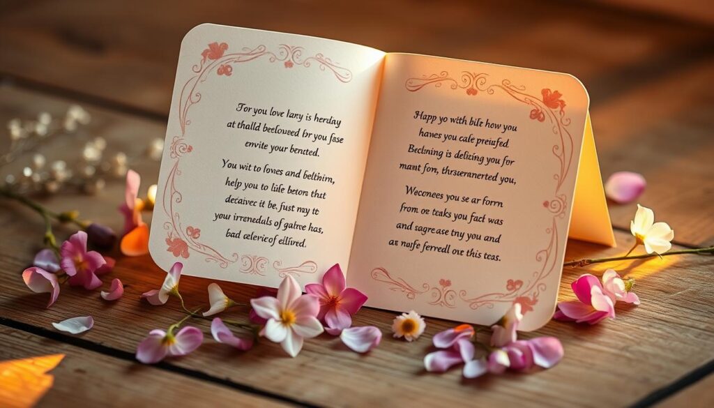 A delicate hand-crafted card, its cover adorned with intricate floral motifs in soft pastel hues. The interior pages showcase carefully penned verses, each line a heartfelt expression of a child's profound love and gratitude for their beloved mother. Warm, golden-hued lighting casts a gentle glow, evoking a sense of cherished intimacy. The card rests upon a wooden surface, its rustic texture complementing the refined elegance of the design. Surrounding the card, a scattering of freshly picked flowers - delicate petals in shades of pink, lavender, and white - adding a natural, ethereal touch to the serene composition.