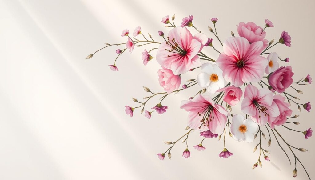 A delicate, hand-drawn floral arrangement in watercolor, with vibrant blooms in pink, lavender, and white cascading across the frame. The composition features a harmonious balance of negative space and organic linework, creating a sense of effortless creativity. Rays of warm, golden light gently illuminate the scene, casting soft shadows and imbuing the image with a dreamy, romantic atmosphere. The overall effect is one of whimsical artistry, perfectly capturing the spirit of "kreative Gestaltung" for a Mothers Day-themed article.