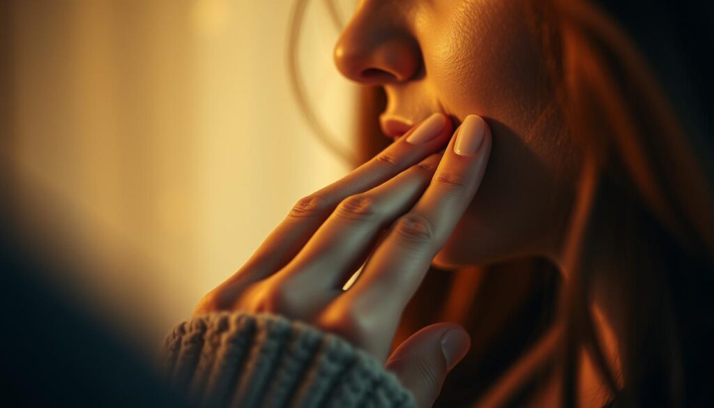 A delicate hand gently caressing a loved one's cheek, conveying deep affection and emotional intimacy. The scene is bathed in soft, warm lighting, creating a serene and inviting atmosphere. The focus is on the tender touch, with the background elegantly blurred, drawing the viewer's attention to the profound connection between the two figures. Captured in a medium close-up, the image evokes a sense of vulnerability and vulnerability, capturing the essence of "persönliche Berührung" - the personal touch that expresses heartfelt feelings.