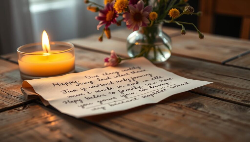 A delicate handwritten letter resting on a weathered wooden table, its edges slightly curled. The soft glow of a single candle illuminates the message, casting a warm, intimate ambiance. In the background, a vase of freshly picked wildflowers adds a touch of nature, their vibrant colors and textures contrasting with the muted tones of the table and letter. The overall scene evokes a sense of thoughtfulness, personal connection, and the cherished tradition of handwritten messages for a beloved family member.