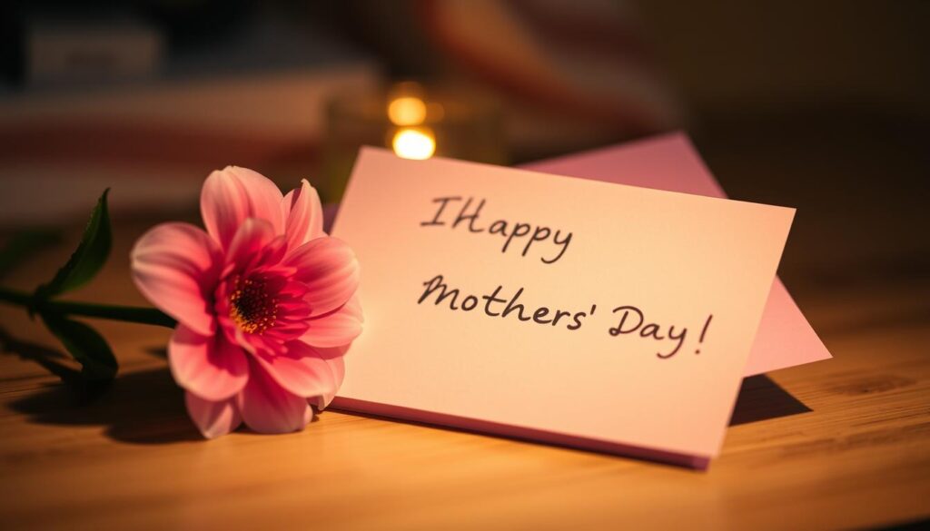 A delicate, handwritten message on a pastel stationery set, with a single fresh flower and a warm, glowing light illuminating the scene. The message conveys a heartfelt, personalized sentiment for a beloved mother, reflecting the importance of the Mothers' Day celebration. The composition emphasizes the intimacy and thoughtfulness of the gesture, evoking a cozy, sentimental atmosphere. Soft, diffused lighting casts a gentle, comforting glow over the arrangement, creating a sense of care and appreciation.