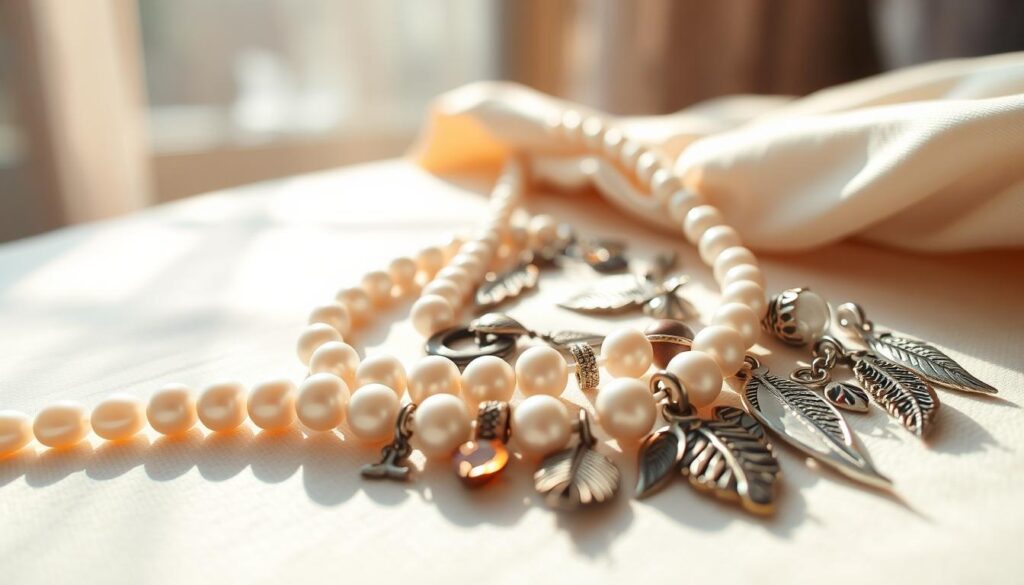 A delicate pearl necklace rests on a soft, cream-colored fabric, its iridescent glow reflecting the warm light of a sun-drenched room. Surrounding the necklace, a carefully arranged assortment of handmade charms and pendants, each with a distinct shape and symbolic meaning - a tiny heart, a delicate feather, a gleaming gemstone. The composition is artfully balanced, creating a sense of thoughtful, personal significance. Captured through a close, intimate lens, the scene conveys a mood of quiet contemplation and the heartfelt sentiment of a meaningful, handcrafted gift.