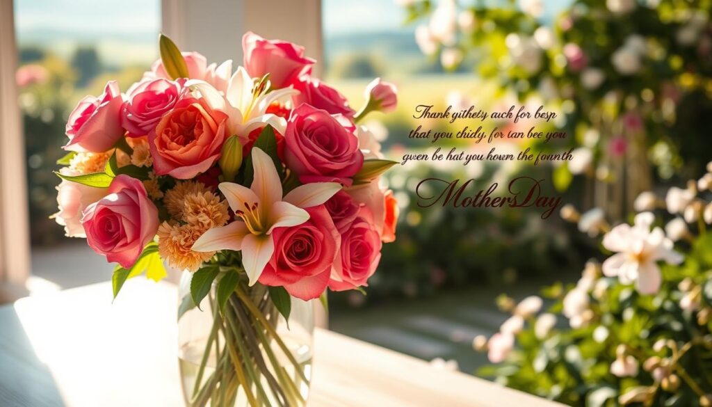 A delicately designed Mother's Day card with a warm, inviting atmosphere. In the foreground, a bouquet of vibrant flowers - roses, lilies, and carnations - artfully arranged in a glass vase, casting soft, natural shadows. The middle ground features a handwritten message in calligraphic script, expressing heartfelt gratitude and appreciation for a loving mother. The background depicts a serene, sun-dappled garden setting, with lush greenery, delicate blossoms, and a hint of a picturesque landscape beyond. The overall composition evokes a sense of elegance, tenderness, and the cherished bond between a mother and child, captured in a timeless, visually captivating Mother's Day card design.