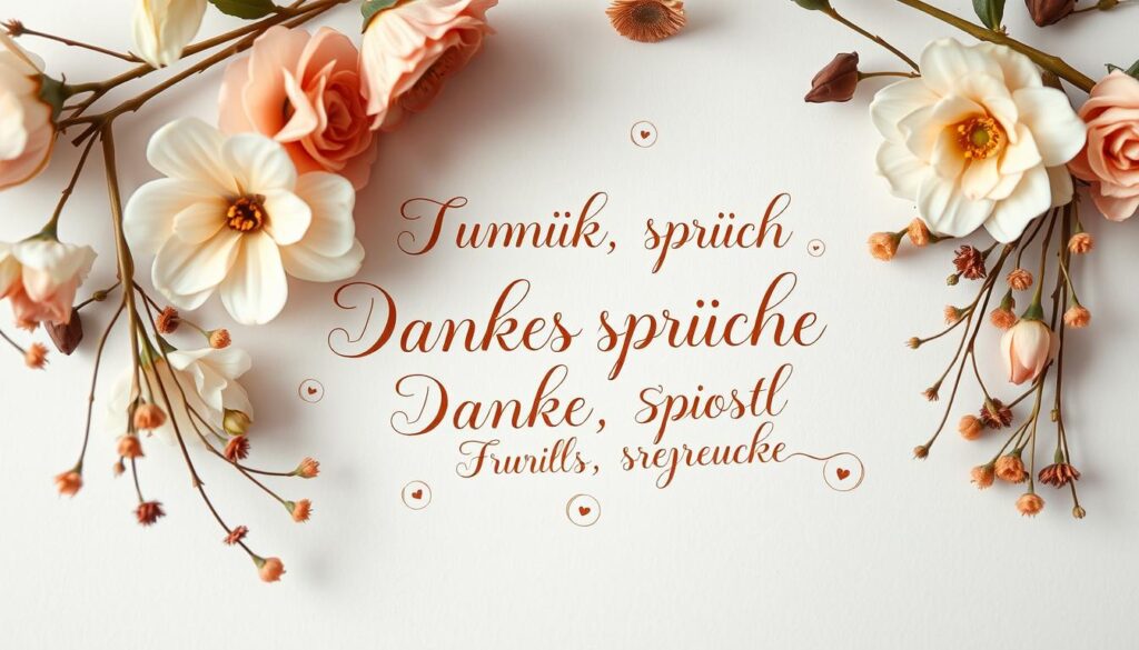 A delicately hand-crafted calligraphy display of heartfelt "Dankessprüche" (thank-you phrases) floating amidst an elegant floral arrangement. Intricate flourishes and swirling lines in warm earth tones adorn the serene, minimalist composition, evoking a sense of gratitude and appreciation. Soft, diffused lighting casts a gentle glow, highlighting the organic textures and natural hues. The layout is balanced and visually pleasing, inviting the viewer to pause and reflect on the meaningful words. This image captures the essence of "kreative Gestaltung" (creative design) for crafting thoughtful, personalized expressions of thankfulness.