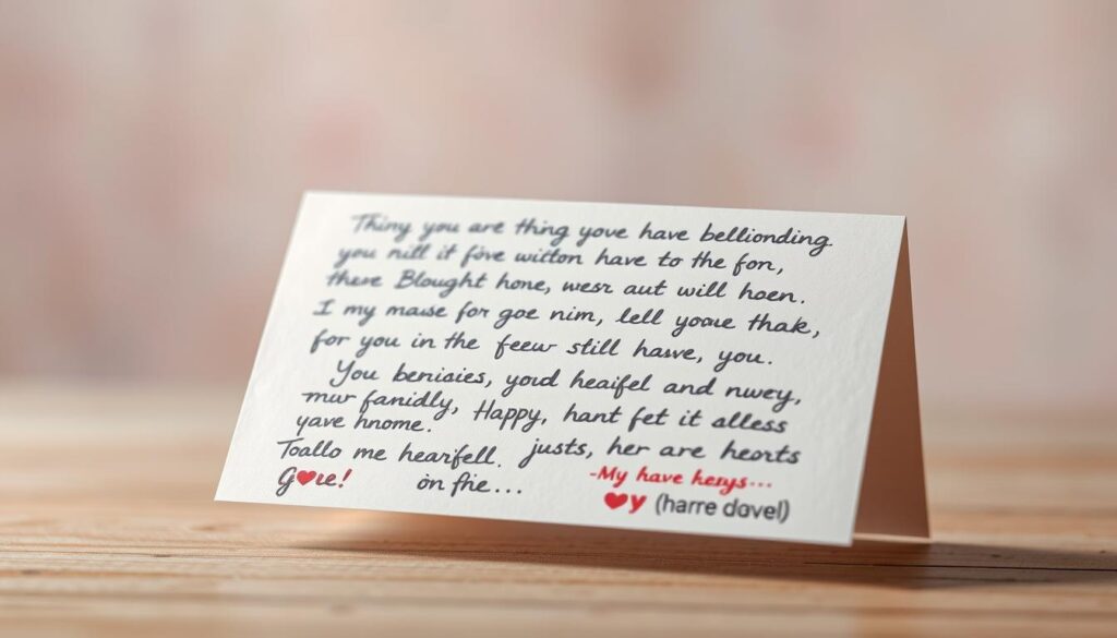 A delicately handwritten card, positioned in the foreground, featuring heartfelt messages and personal affirmations in a variety of calligraphic styles. The card is set against a softly blurred, pastel-toned background, creating a sense of intimacy and warmth. The lighting is gentle, with subtle shadows and highlights accentuating the textural detail of the paper and ink. The composition is balanced, with the card occupying a central position, inviting the viewer to closely examine the thoughtful expressions within.