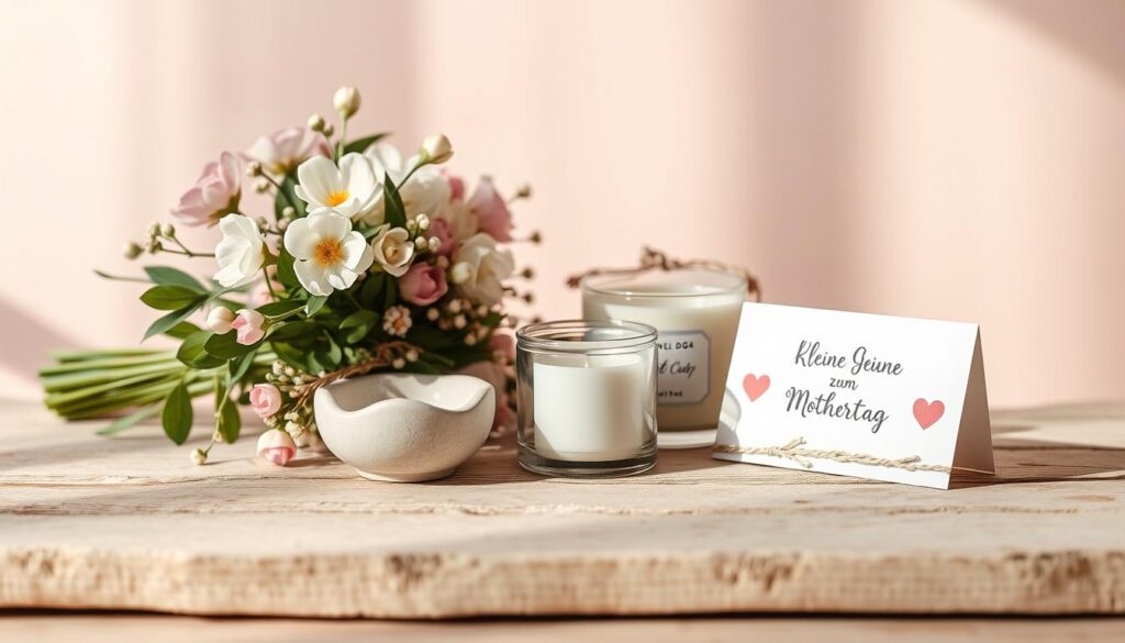 A delightful arrangement of small, thoughtful gifts against a soft, pastel background. A bouquet of fresh spring blooms, a handmade ceramic trinket dish, a scented candle, and a sweet personalized card sit atop a rustic wooden surface, bathed in warm, natural lighting. The scene exudes a sense of heartfelt appreciation and care, capturing the essence of the "kleine Geschenke zum Muttertag" theme. Subtle textures and muted colors create a serene, intimate atmosphere, inviting the viewer to imagine the heartfelt moments these small tokens might inspire.