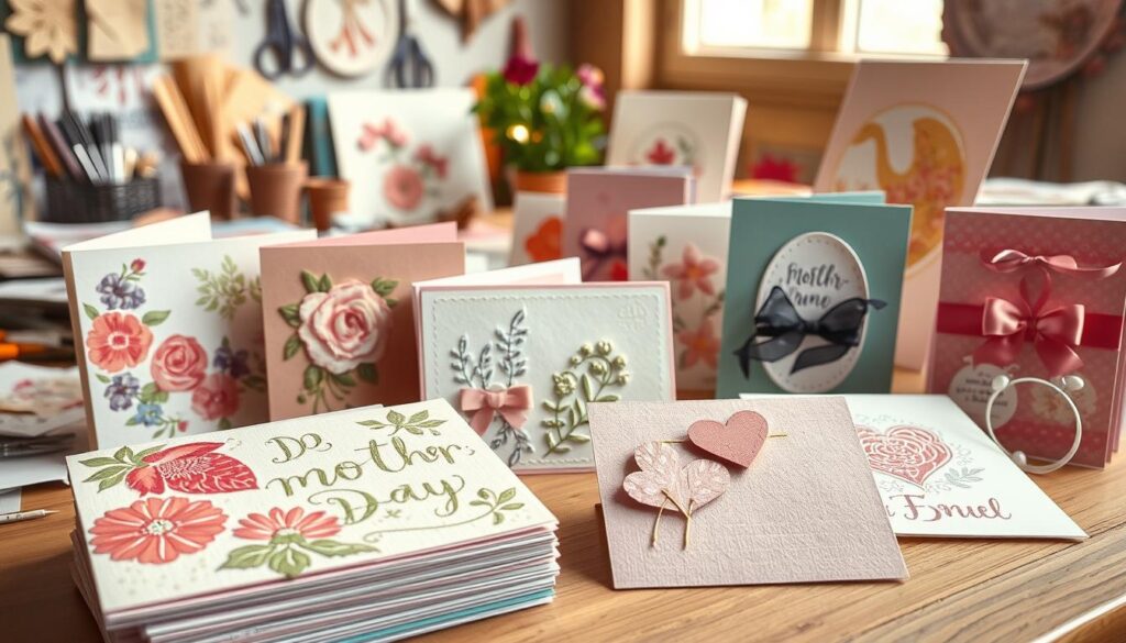 A delightful array of handmade Mother's Day greeting cards, showcasing a variety of creative DIY techniques. In the foreground, a stack of vibrant, textured cards with intricate floral patterns and whimsical illustrations. In the middle ground, an assortment of cards featuring embossed designs, ribbon accents, and delicate paper cutouts. The background captures a cozy, well-lit workspace, with scattered craft supplies, scissors, and a warm, natural-light ambiance. The overall scene exudes a sense of artisanal charm and personalized sentiment, perfectly capturing the essence of "Tipps zur Gestaltung von DIY-Karten".