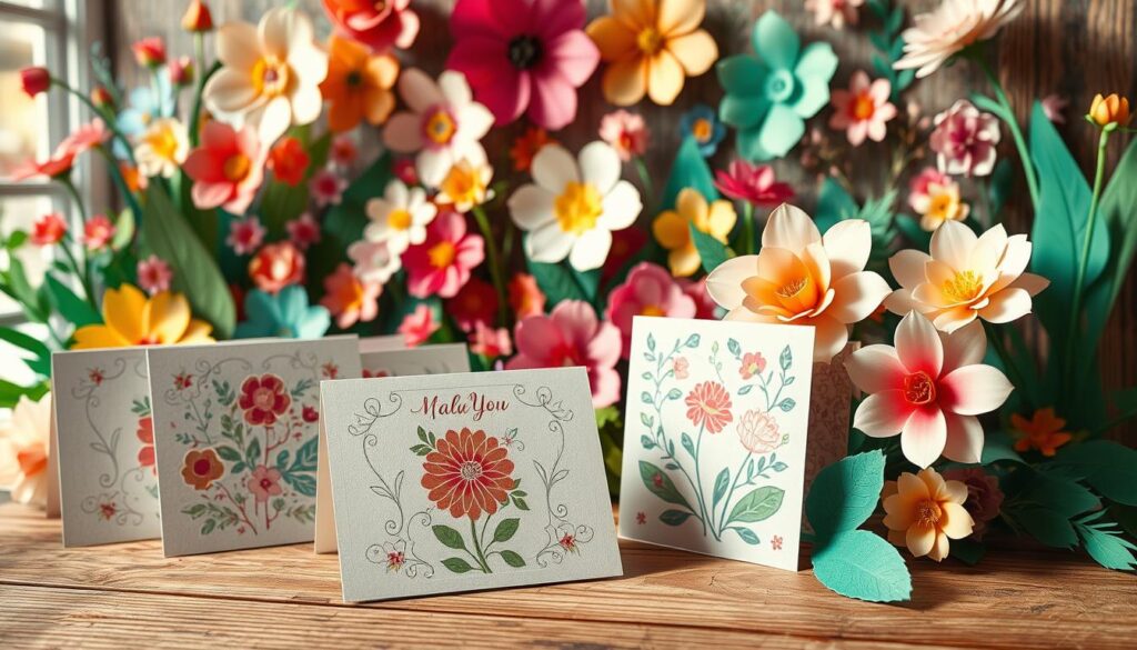 A delightful paper craft scene featuring a vibrant array of hand-crafted paper flowers, adorned with intricate details and textures. In the foreground, a collection of greeting cards with elegant floral patterns and calligraphic designs takes center stage, showcased on a rustic wooden surface. The middle ground is filled with an assortment of colorful paper petals, stems, and leaves, artfully arranged to create a whimsical and botanical atmosphere. Soft, natural lighting filters through the scene, casting gentle shadows and highlighting the intricate folds and creases of the handmade paper elements. The overall composition conveys a sense of creativity, joy, and the beauty of simple, tactile crafting.