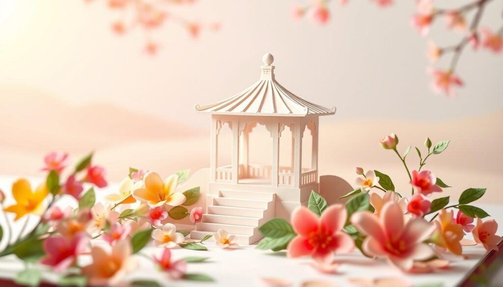 A detailed, three-dimensional pop-up card with intricate, paper-cut designs. The foreground features delicate, layered flowers and leaves in vibrant shades of pink, yellow, and green, creating a sense of depth and dimension. The middle ground showcases a elegant, paper-cut architectural structure with a combination of sharp angles and soft curves, resembling a miniature gazebo or pavilion. The background depicts a soft, blurred landscape with a touch of warm, golden light filtering through, evoking a serene, dreamlike atmosphere. Illuminated by a gentle, natural lighting setup that casts subtle shadows and highlights the textures of the paper. Captured at a slight, elevated angle to showcase the full, pop-up effect in an immersive, artistic composition.