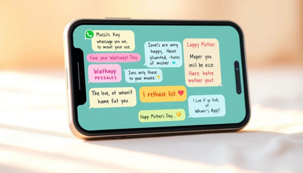 A digital art illustration depicting a collection of creative WhatsApp messages, displayed on a smartphone screen. The messages feature playful, heartfelt messages and quotes for Mother's Day, in a variety of colorful, handwritten-style fonts. The screen is set against a soft, blurred background, with a warm, inviting color palette that evokes the sentiment of the occasion. The composition focuses on the screen, with minimal distractions, allowing the messages to take center stage. The lighting is natural and ambient, creating a cozy, intimate atmosphere. The overall aesthetic is modern, digital, and visually appealing, perfectly suited to accompany the article section on unique WhatsApp messages for Mother's Day.