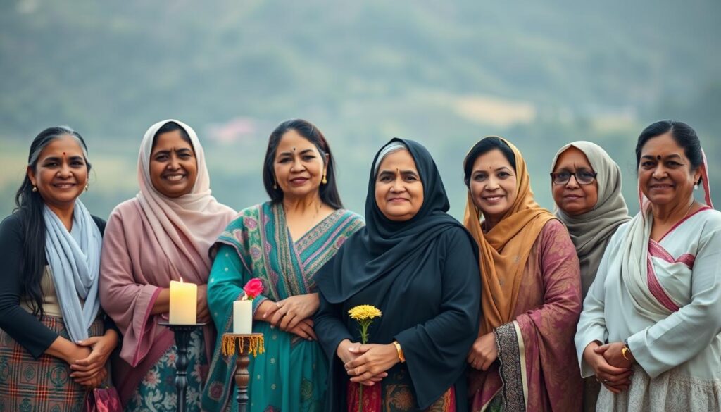 A diverse group of mothers from various cultures, standing together in a tranquil setting. The foreground features the women, their expressions conveying warmth, strength, and deep connection. Their traditional attire and accessories showcase the diversity of their backgrounds. The middle ground includes symbolic elements such as candles, flowers, or cultural artifacts, creating a sense of shared heritage. The background depicts a serene, nature-inspired landscape, with soft, diffused lighting that enhances the serene, contemplative mood. The overall composition emphasizes the universal bonds of motherhood that transcend cultural boundaries.