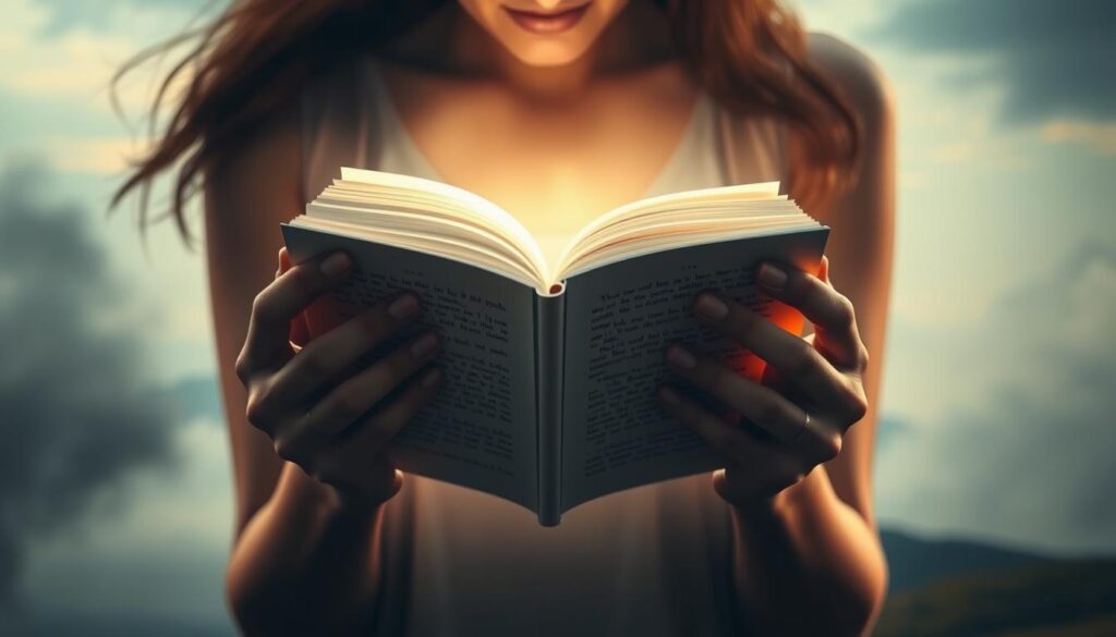 A dramatic scene unfolds, with a woman's hands gently holding an open book, its pages glowing with ethereal light. The background is a serene, misty landscape, with a hint of a stormy sky in the distance, symbolizing the power and influence of words. The woman's expression is one of thoughtful contemplation, as she ponders the weight and impact of the words before her. Soft, warm lighting bathes the scene, creating an atmosphere of introspection and reverence. The composition emphasizes the book's centrality, with the woman's hands framing it, suggesting the profound impact of the written word. This image aims to convey the notion that words possess a profound and profound capacity to shape our thoughts, emotions, and the very fabric of our reality.