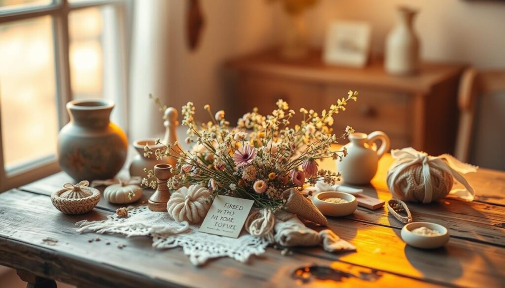 A dreamy, artful still life capturing an array of thoughtful Mother's Day gift ideas. A central arrangement of delicate wildflowers, handmade trinkets, and sentimental keepsakes sits atop a rustic wooden table, illuminated by warm, golden natural light filtering through a window. The composition features a mix of textures, from the rough-hewn table surface to the soft, wispy petals, conveying a sense of care and craftsmanship. The overall mood is one of elegance and thoughtfulness, inviting the viewer to imagine the heartfelt meaning behind each carefully selected item. The image evokes the spirit of cherishing the bond between mother and child through creative, personalized gestures.