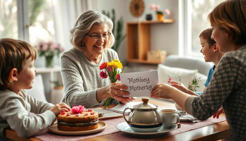 A family gathered around a table, celebrating Mother's Day. In the foreground, a grandmother gracefully accepts a handmade card and bouquet of fresh flowers from her grandchildren, their faces beaming with joy and appreciation. The middle ground features a spread of traditional Muttertag delicacies, such as a celebratory cake and a warm pot of tea. In the background, a cozy, sun-dappled living room sets the scene, with soft, diffused lighting and hints of floral decor conveying a sense of warmth and intimacy. The overall mood is one of love, gratitude, and the timeless traditions of honoring mothers on this special day.