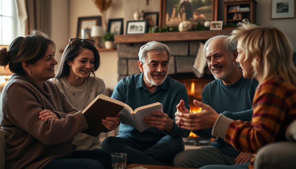 A family gathered around a warm fireplace, soft lighting illuminating their faces as they share stories and cherished memories. In the foreground, a mother and daughter embrace, their eyes shining with emotion. In the middle ground, a father and son engage in animated conversation, their hands gesturing expressively. The background is a cozy living room, decorated with personal mementos and photographs that evoke a sense of nostalgia. The overall scene conveys a sense of intimacy, connection, and the power of shared experiences to stir the heart and mind.