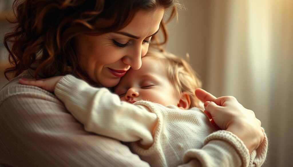 A gentle, tender mother tenderly embracing her young child, their bodies intertwined in a loving embrace. Soft, warm lighting bathes the pair, casting a comforting glow. The mother's expression is one of pure adoration, her eyes filled with profound affection as she gazes at her little one. The child nestles contentedly against their parent, safe and secure in the embrace of unconditional love. The scene radiates a profound emotional connection, a tangible feeling of belonging and unwavering support. Captured with a shallow depth of field, the background softly blurred, allowing the mother-child bond to be the sole focus of this intimate, heartwarming moment.