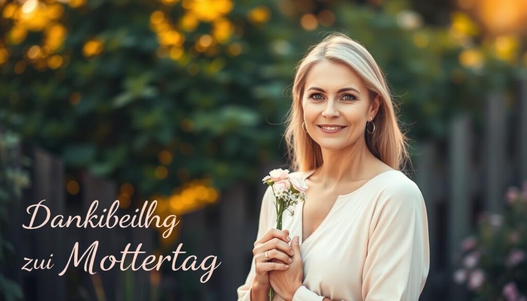 A gentle woman, dressed in soft pastels, stands with an affectionate gaze, holding a delicate flower bouquet. The background blurs into a serene garden, where a warm, golden light filters through the lush foliage. The scene radiates a heartfelt appreciation and gratitude, capturing the essence of honoring motherhood on this special day. The composition is balanced, with a focus on the central figure and the tender gesture, conveying the sentiment of "Dankbarkeit zeigen zu Muttertag" in a visually poetic manner.