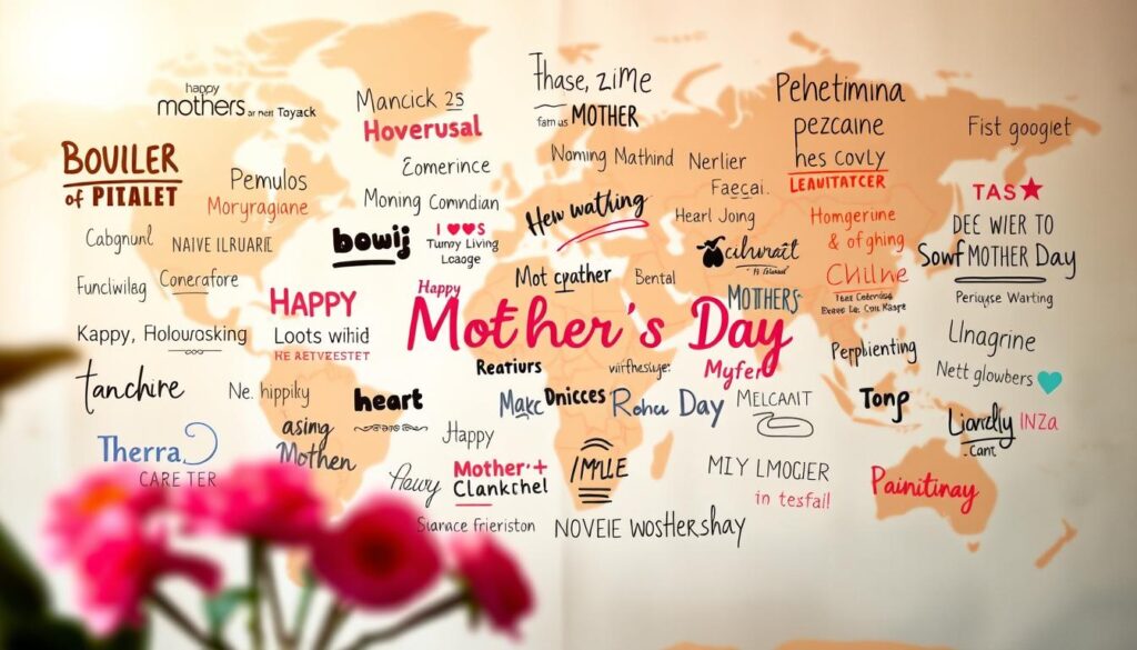 A globally diverse collection of vibrant, handwritten-style international slogans and messages for Mother's Day, elegantly showcased against a softly blurred, pastel-colored world map backdrop. The slogans feature a range of languages, scripts, and cultures, embodying the universal sentiment of honoring mothers across the globe. Warm lighting casts a gentle glow, evoking a sense of unity and shared appreciation. The scene is captured with a shallow depth of field, drawing the viewer's focus to the central array of heartfelt, multicultural expressions.