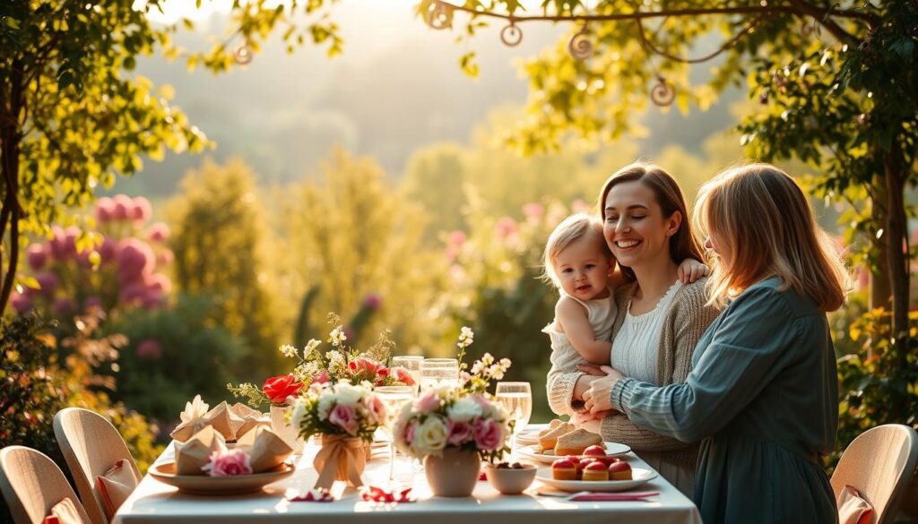 A grand celebration of Muttertag 2025, with a warm, sunny atmosphere and a backdrop of lush, verdant scenery. A family gathering takes place in a cozy garden, adorned with vibrant flowers and gently swaying trees. In the foreground, a mother and her children embrace, their faces radiating joy and love. The soft, diffused lighting casts a golden glow, creating an intimate and sentimental mood. In the middle ground, a beautifully decorated table is set, with delicate tableware, fresh flowers, and an assortment of delectable treats. The overall scene evokes a sense of togetherness, gratitude, and the cherished bond between a mother and her family.