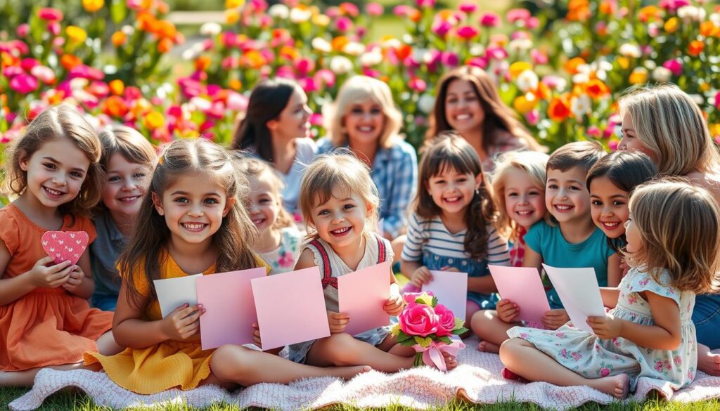 A group of joyful children of various ages gathered in a colorful, sun-drenched garden setting, celebrating Mother's Day. In the foreground, young kids proudly present homemade gifts and handwritten cards to their affectionate mothers, whose faces radiate warmth and pride. In the middle ground, families sit together on a plush picnic blanket, sharing a festive meal and laughter. The background features a lush, blooming flower garden with vibrant hues, creating a serene and celebratory atmosphere. Soft, natural lighting filters through the scene, enhancing the intimate, familial mood. The overall composition conveys the central role of children in the cherished traditions of Mother's Day.