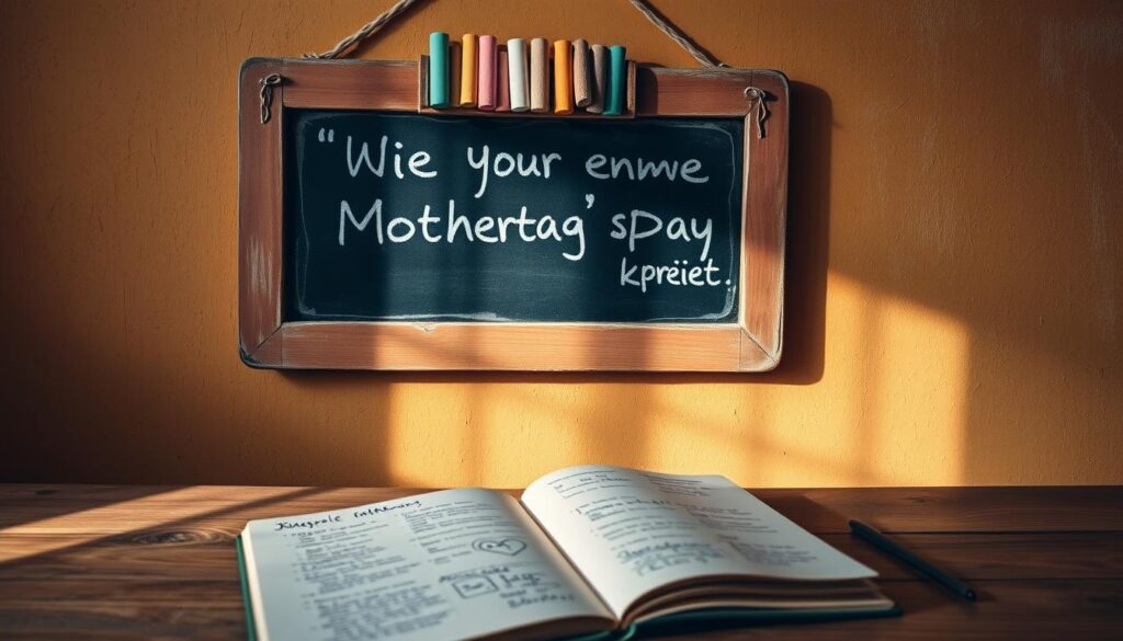A hand-crafted chalkboard, its surface aged and weathered, hangs against a warm, textured wall. Atop the board, an array of colorful chalk pieces stands ready, inviting the user to create their own heartfelt Mother's Day message. The lighting is soft and indirect, casting gentle shadows that add depth and dimension to the scene. In the foreground, a personal journal lies open, its pages filled with thoughtful notes and doodles, reflecting the process of crafting a unique, meaningful expression of love and appreciation. The overall mood is one of creativity, sentimentality, and a touch of vintage charm, perfectly capturing the essence of "Wie man eigene Muttertagssprüche kreiert".