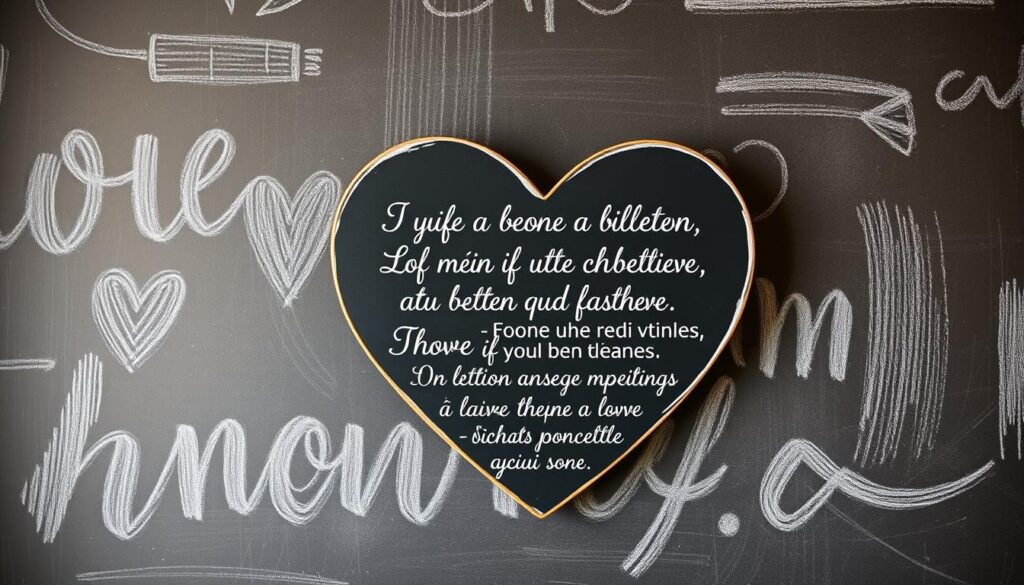 A hand-drawn chalkboard backdrop with a weathered, textured surface. In the foreground, a whimsical heart-shaped chalkboard frame floats, showcasing a series of emotionally-charged yet humorous phrases in an elegant, cursive script. The lighting is soft and warm, casting a gentle glow that accentuates the handcrafted aesthetic. The overall composition exudes a cozy, heartfelt atmosphere, capturing the essence of the "Emotionale Sprüche mit einem humorvollen Twist" theme.