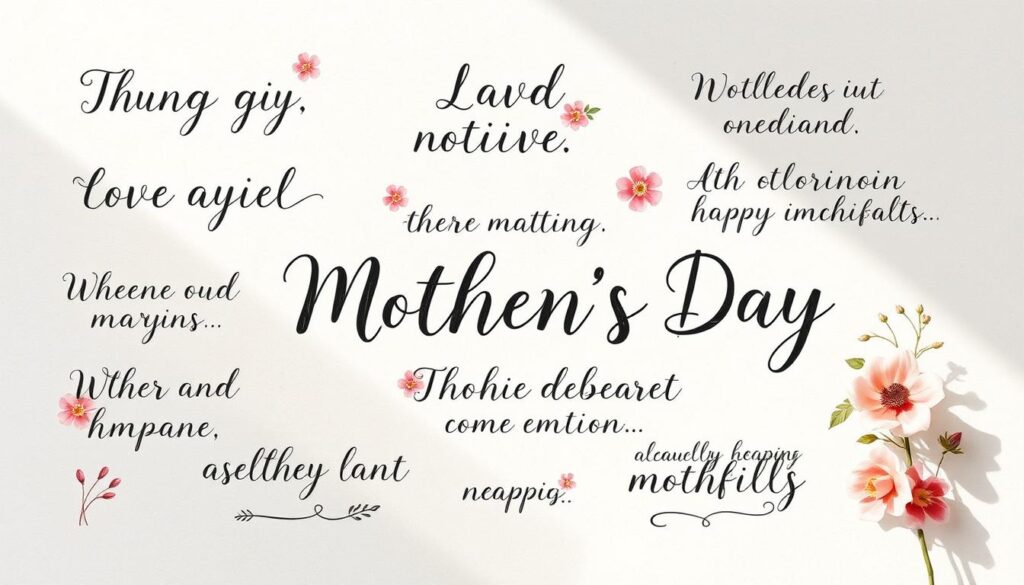 A hand-lettered arrangement of heartfelt Mother's Day phrases, elegantly displayed on a textured, watercolor-washed background. The layout features a mix of cursive and calligraphic styles, highlighted with delicate floral accents. The overall aesthetic evokes a sense of warmth, sentimentality, and timeless tradition. Soft, natural lighting casts a gentle glow, creating an inviting, intimate atmosphere.