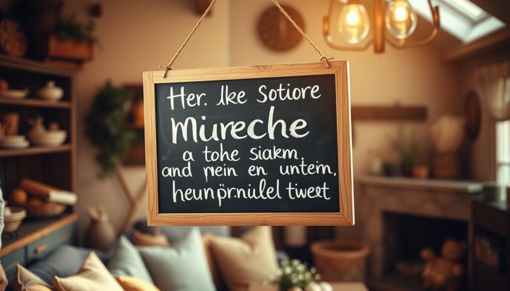 A hand-lettered chalkboard sign floating in a warm, cozy interior, with a playful mixture of heartfelt and humorous typography. The text should convey a heartfelt, maternal sentiment with a clever, tongue-in-cheek twist. Soft, diffused lighting casts a golden glow, while a background of earthy tones and natural textures provides a rustic, homey feel. The overall mood is one of whimsical, down-to-earth positivity, capturing the essence of "Emotionale Sprüche mit einem humorvollen Twist".