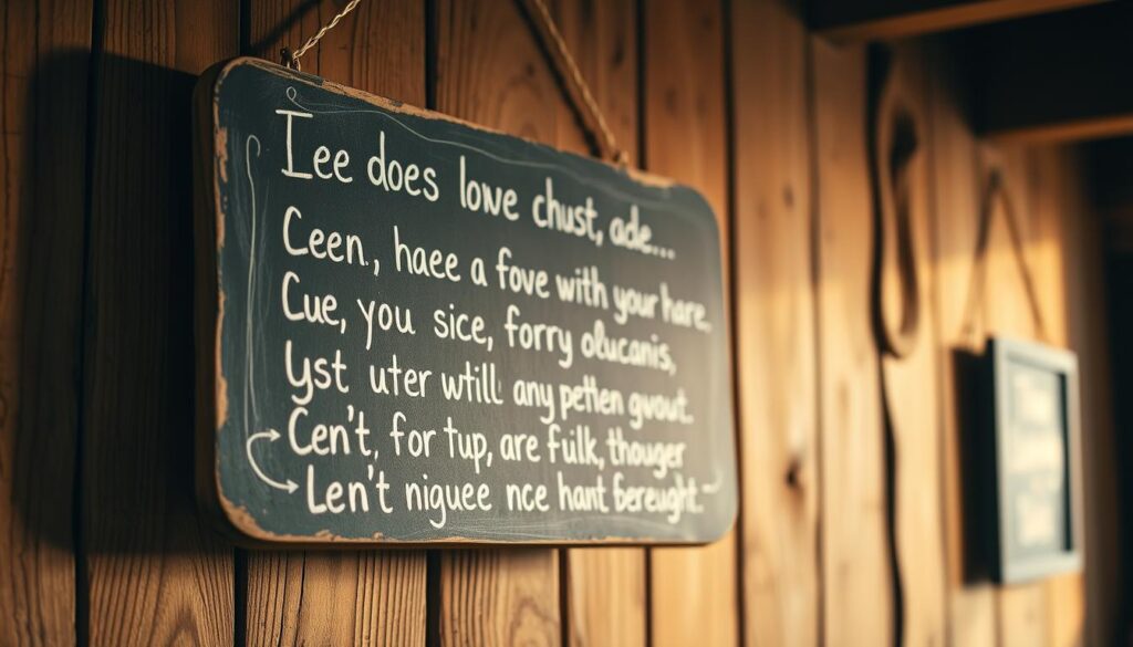 A hand-painted chalkboard sign hanging on a rustic wooden wall, featuring emotionally-charged phrases in a whimsical, hand-lettered style. The sign is slightly tilted, casting soft shadows on the textured surface. The lighting is warm and inviting, creating a cozy, intimate atmosphere. The background is blurred, allowing the sign to be the focal point, drawing the viewer's attention to the words. The layout is simple and balanced, with ample negative space to prevent visual clutter. The overall mood is reflective, encouraging the reader to pause and ponder the meaningful, yet humorous messages.