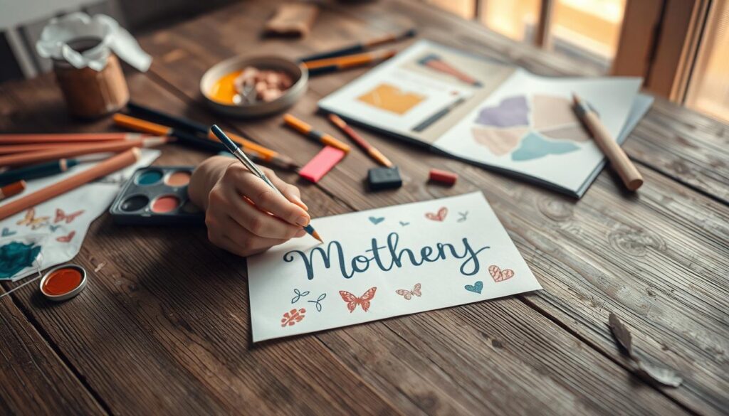 A handcrafted Mother's Day card taking shape on a rustic wooden table, its surface adorned with an array of colorful art supplies. Soft, warm lighting from a nearby window casts a gentle glow, illuminating the delicate textures of the paper, paint brushes, and other materials. In the foreground, a pair of caring hands add the finishing touches, meticulously crafting a heartfelt message using calligraphy and decorative elements. The overall composition conveys a sense of thoughtfulness, creativity, and the deep appreciation a child has for their mother.